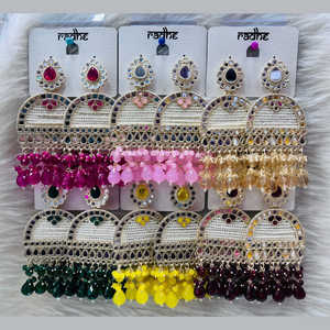 Gold Plated Dangle Earrings with <b>Mirror</b> Stone and <b>Beads</b> Fashion Accessory - Product Image 1