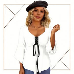 Vente flash sur le t-shirt décontracté pour femme Temu, col en V, manches évasées, laçage sur le devant, idéal pour les sorties décontractées et le quotidien. - Product Image 5