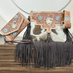 Wholesale New Fashionable Luxury Designer Women Hand Tooled Leather Fringe Shoulder Bag with Cowhide Trifold Wristlet Clutch Set - Product Image 4