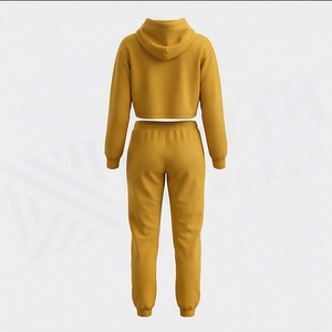 Conjunto de Sudadera con Capucha de 2 Piezas para Mujer, Amarillo Mostaza, Estampado Geométrico, Pantalones Deportivos Largos de Punto Casual y Top Corto, Corte Regular - Product Image 2