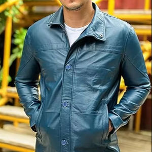 Chaqueta de Cuero Personalizada para Hombre, Abrigo Largo con Cuello Negro, Cuatro Bolsillos, Cierre de Cremallera, Chaqueta de Motociclista - Product Image 1