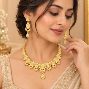 Royal Floral <b>Necklace</b> with Earrings <b>Set</b> | Traditional Indian Bridal Jewelry | 24K Gold Finish Copper Brass <b>Wedding</b> <b>Necklace</b> <b>Set</b> - Product Image 3
