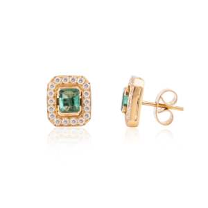 18K Gold Square Cut <b>Emerald</b> and Diamond Statement <b>Stud</b> <b>Earrings</b> - Product Image 5