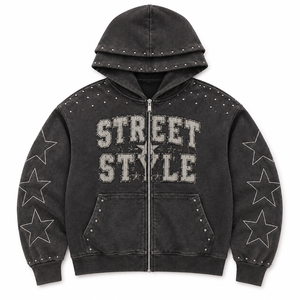 Sweat à capuche oversize noir unisexe avec fermeture éclair, style streetwear, en coton molletonné épais délavé à l'acide, imprimé graphique, capuche double couche - Product Image 1