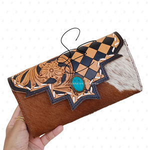 Custom Checkered Design Genuine <b>Leather</b> Hair On Hide Wallet Women <b>Tooled</b> Western Cowhide Wristlet Clutch with Turquoise Stone - Product Image 1