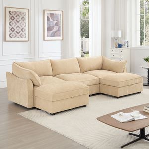Divano a U a 3 Posti Profondo con 2 Pouf Mobili e Braccioli a Mezzaluna per Soggiorno - Product Image 3