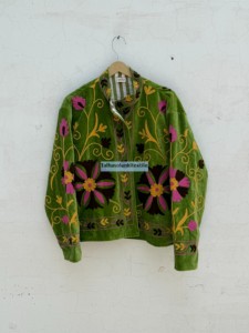 Blazer en velours à col mandarin avec broderie florale faite à la main, veste d'automne pour femme, manches longues, longueur normale - Product Image 1
