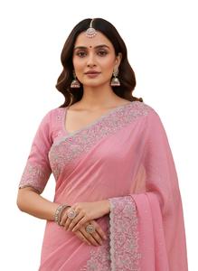 ส่าหรีสีชมพูอ่อนสง่างามแฟนซีมีขอบสีเงิน - Product Image 6