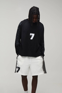 <b>Men</b> Black <b>Long</b> Sleeve Crew Neck T-Shirt Left Sleeve White <b>Shorts</b> Set Casual Summer Wear Breathable Knitted Cotton Streetwear - Product Image 6