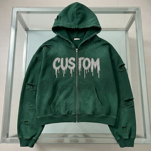 Sweat à capuche unisexe personnalisé surdimensionné avec strass, effet vieilli, style streetwear, en molleton de coton épais, entièrement zippé, pour l'hiver - Product Image 1