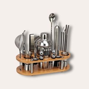 Ensemble d'outils de bar à cocktails dorés avec support en bois, kit de barman moderne et luxueux pour la mixologie, accessoires de bar pour les fêtes - Product Image 2