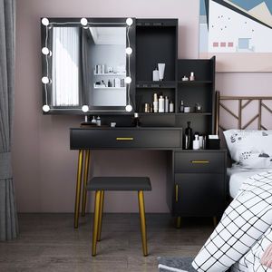 Set Toeletta Nera FCH con 2 Cassetti, 1 Anta, 2 Ripiani, Impiallacciatura in Triamina, Specchio con 3 Lampadine, Mobile per Trucco - Product Image 1