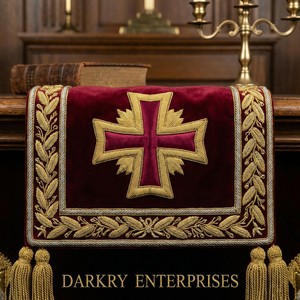 Faja de terciopelo rojo templaria bordada a mano con hilo de oro, insignia masónica personalizada con cruz y corona, y flecos plateados. - Product Image 4