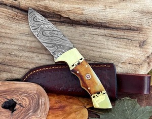 Custom Handmade OEM DIY Skinner Hunting <b>Knife</b> Damascus Steel <b>Bone</b> <b>Handle</b> Clip Point 3mm 8in Overall Leather CKS-187 - Product Image 6