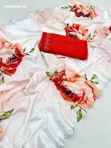 Beautiful Top Quality Satin Georgette with Floral Digital Print & Swarovski Cut-work Border <b>Saree</b>-<b>Blouse</b> Woman Fashion - Product Image 3