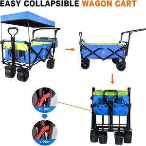 Carrito de Camping Plegable con Ruedas Todoterreno Grandes, Manijas Ajustables, Toldo Extraíble y Bolsa Refrigerante en Color Verde Azul - Product Image 5