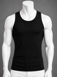Men's Breathable Ribbed 100% Cotton Gym Tank <b>Top</b> O-Neck Casual Knitted Solid Color 220g - Product Image 5
