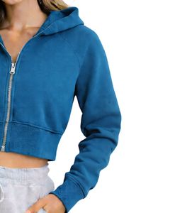 Sweat-shirt à capuche zippé court pour femme, bleu, à manches longues, style streetwear décontracté, veste de fitness, haut de mode hivernal, usage quotidien - Product Image 4