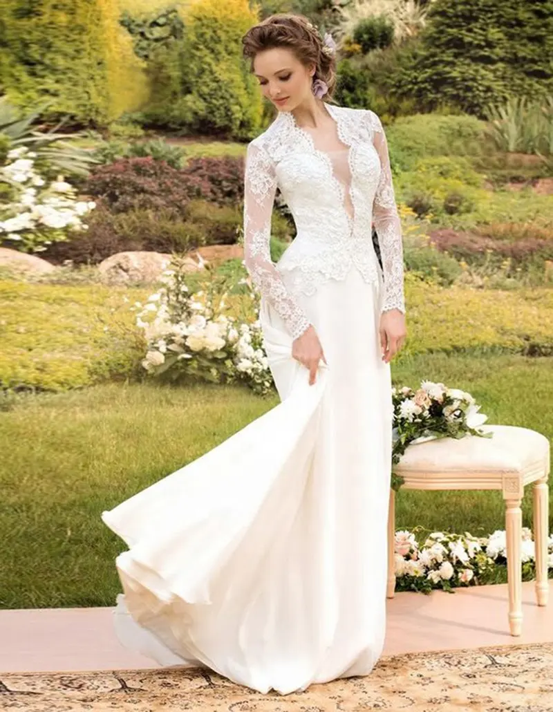 Illusion A-line Long Sleeve Wedding Dress Elegant Women White Lace Satin Bridal Gown