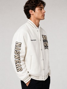 Leather Sleeve <b>Men's</b> <b>White</b> Varsity <b>Jacket</b> With Chenille patches Letter Logo Autumn Wear Regular Fit <b>Men</b> varsity <b>jacket</b> - Product Image 4