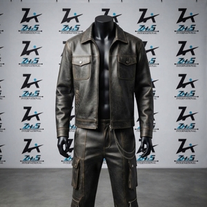 Manufacture Design Vintage Distressed <b>Leather</b> Jacket <b>Cargo</b> <b>Pants</b> Casual Harajuku Streetwear Chain Detail <b>Leather</b> Tracksuit - Product Image 1