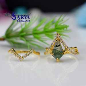Women's Vintage Gold Plated <b>Ring</b> with Zirconia Natural <b>Moss</b> <b>Agate</b> Oval Cut Pave Setting Luxury Geometric Wedding Design - Product Image 2