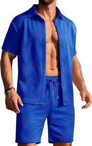 Ensemble deux pièces pour homme, chemise à manches courtes et short, style décontracté, en velours tricoté uni, pour les vacances, 100% coton - Product Image 3