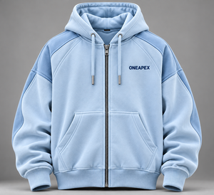 เสื้อฮู้ดซิปสีฟ้าอ่อนสำหรับผู้ชาย ผ้าฟลีซทรงโอเวอร์ไซส์ สไตล์สตรีทแวร์ แจ็คเก็ตลำลอง เสื้อสเวตเชิ้ต สปอร์ตแวร์ รับทำแบรนด์ตามสั่ง ขายส่ง - Product Image 6