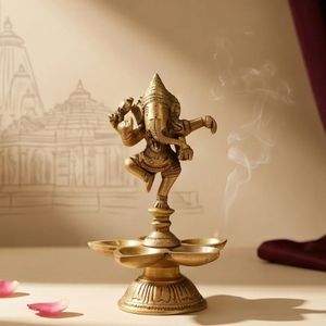 Ganesha dansant en laiton artisanal authentique de qualité supérieure, Panch Aarti Diya, export en gros d'Inde - Product Image 6