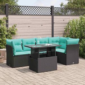 6 Piece Black Poly Rattan Acacia Patio Sofa Set with <b>Cushions</b> Elegant <b>Storage</b> Solution - Product Image 1