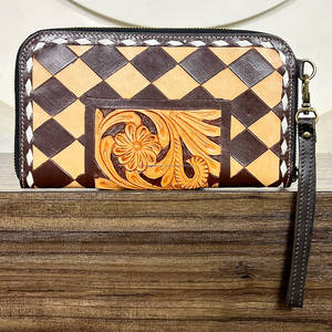 Handmade Genuine Checkered Leather Fashionable Card Holder <b>Wallet</b> Tooled Floral Women's <b>Wristlet</b> Clutches for Everyday Use - Product Image 4