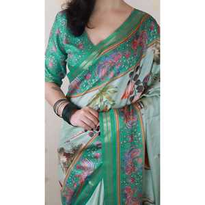 Sari en soie Tussar vert marine Elite Weaves, imprimé Pattachitra, tissé avec des fils Zari, pour femmes, 450g - Product Image 5
