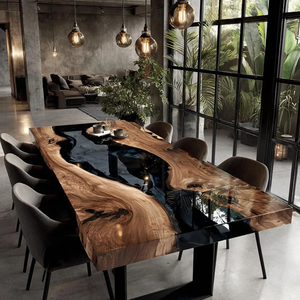 Table à manger en bois d'acacia à bord naturel et résine époxy - Table à manger rectangulaire en bois massif sur mesure pour la maison, le bureau, l'hôtel, le salon, Diwali - Product Image 1