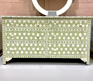 Indian Artisan Made Fully Handcrafted Bone Inlay Green Dresser <b>6</b> <b>Drawers</b> Mediterranean Style Living Room Cabinet Antique - Product Image 1