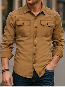 Chemise en jean marron pour homme, manches longues, décontractée, boutonnée, couleur unie, coupe ajustée, col rabattu, manches complètes, en coton infroissable - Product Image 5