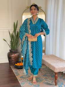 Kurti recto de viscosa Chanderi color firozi para mujer, el más vendido, con pantalón y dupatta con estampado digital. - Product Image 5