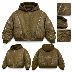 Custom Women's Hooded Olive Puffer Bomber <b>Jacket</b> Rhinestone <b>Star</b> Flame Diamante Bling Oversized Winter Coat Wholesale Suppliers - Product Image 6