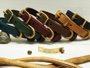 Leather Handmade Dog <b>Collar</b> With Solid Brass Gold Pet Custom Tags - Product Image 6
