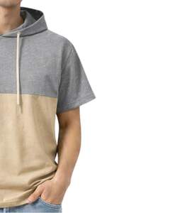 Camiseta con Capucha de Manga Corta para Hombre, Estilo Casual, Bloques de Color, Sudadera con Capucha, Algodón Suave, Gris Beige, Moda Urbana de Verano, Holgada - Product Image 4