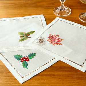 Berry and leaf embroidered linen napkin, artistic and durable, fresh style for summer <b>tables</b> and picnics. - Product Image 1