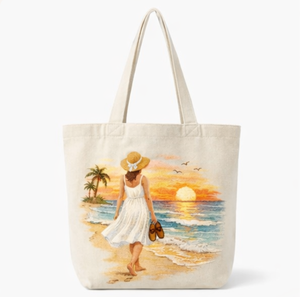 Bolsa de Playa de Lona al por Mayor con Estampado de Mujer al Atardecer, Bolsa de Compras Casual de Gran Tamaño con Asa para el Hombro, para Viajes y Uso en la Playa - Product Image 5