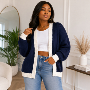 HMR Sisterhood Sorority Acrylic <b>Navy</b> Blue Knitted <b>Cardigan</b> With Cream Trim Long Sleeve Casual Open Front Sweater - Product Image 3