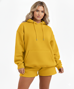 Ensemble 2 pièces pour femme : sweat à capuche et short, manches longues, 100 % coton, motif uni, tenue décontractée d'hiver, service OEM - Product Image 6