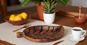Plateau de service en bois artisanal en forme de feuille, plateau décoratif pour collations, décoration de table rustique style ferme - Product Image 2