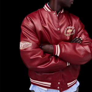 Men'<b>s</b> Red PU Varsity <b>Jacket</b> Preppy Style Embroidered Logo Turn-down Collar Regular Sleeve Autumn Wear leather cowhide chenille - Product Image 6