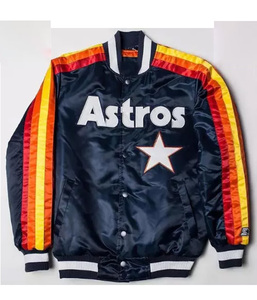 Chaqueta Varsity Personalizada Azul Marino para Hombre, Estilo Vintage con Parches de Estrellas, Chaqueta Bomber Retro con Franjas de Arcoíris en las Mangas, Uniforme de Béisbol, Ropa Deportiva - Product Image 1