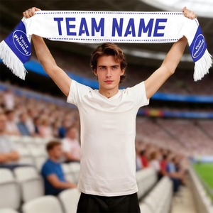 Écharpe longue personnalisée avec emplacements pour nom et photo pour les fans de sport, design blanc et bleu, matière polyester légère - Product Image 3
