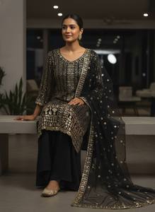 ชุดคุर्ตาปักลายสีดำสำหรับผู้หญิง พร้อมกางเกงและผ้าคลุมไหล่ – ชุดสัลวาร์สำหรับงานเทศกาลแบบอินเดียและปากีสถาน - Product Image 2