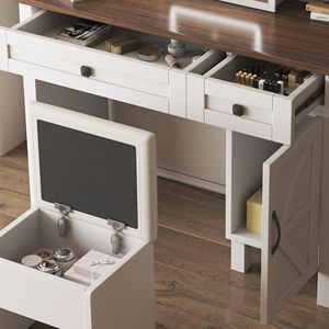 Toeletta da trucco in stile rustico con ripiani multilivello, specchio scorrevole, luci, porta asciugacapelli e presa di ricarica - Product Image 6