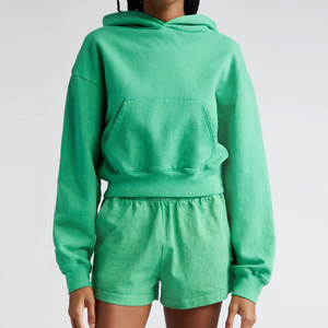 <b>Women's</b> <b>Green</b> Hooded <b>Fleece</b> 2-Piece Shorts Set Casual Regular Fit Solid Color Winter Daily Wear Breathable Quick Dry Waterproof - Product Image 4